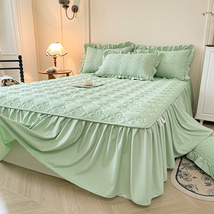 91家纺网 家纺一手货源 找家纺 鼎丰家纺 2025新款-100%新疆棉花夹棉床裙 100%新疆棉花床裙-苹果绿