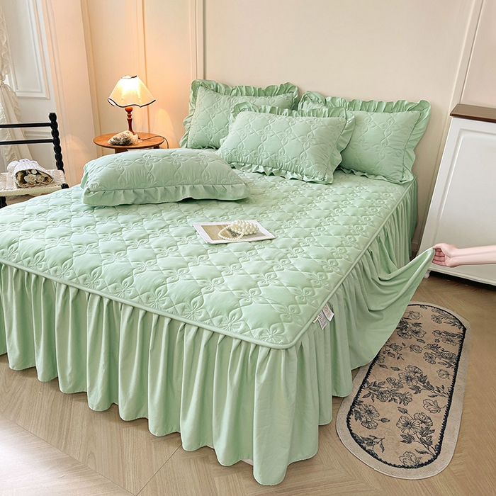 91家纺网 家纺一手货源 找家纺 鼎丰家纺 2025新款-100%新疆棉花夹棉床裙 100%新疆棉花床裙-苹果绿