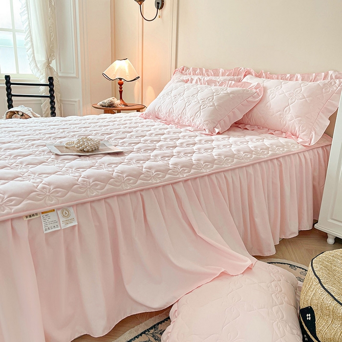 91家纺网 家纺一手货源 找家纺 鼎丰家纺 2025新款-100%新疆棉花夹棉床裙 100%新疆棉花床裙-桃花粉