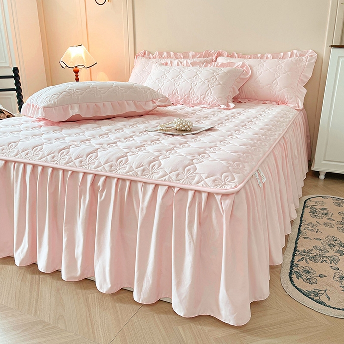 鼎丰家纺 2025新款-100%新疆棉花夹棉床裙 100%新疆棉花床裙-桃花粉