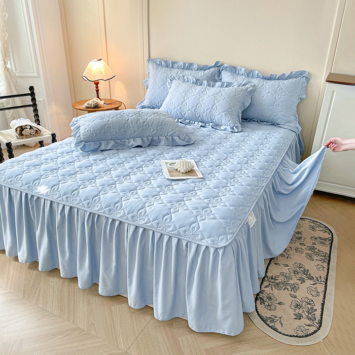 91家纺网 家纺一手货源 找家纺 鼎丰家纺 2025新款-100%新疆棉花夹棉床裙 100%新疆棉花床裙-晴空蓝