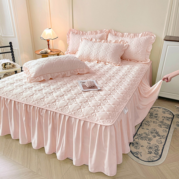 91家纺网 家纺一手货源 找家纺 鼎丰家纺 2025新款-100%新疆棉花夹棉床裙 100%新疆棉花床裙-桃花粉