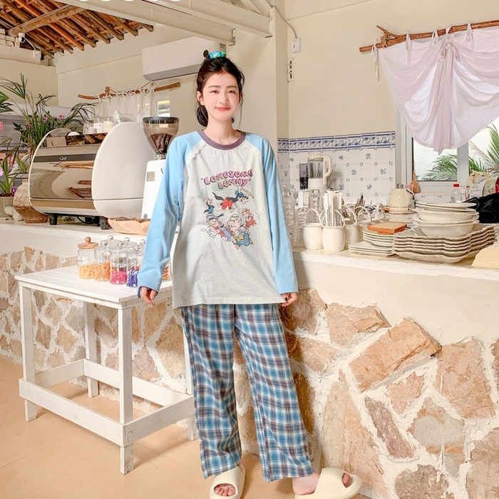 91家纺网 家纺一手货源 找家纺 妍景家居生活馆 2025新款秋野叙集家居服 秋野叙集家居服-蓝色