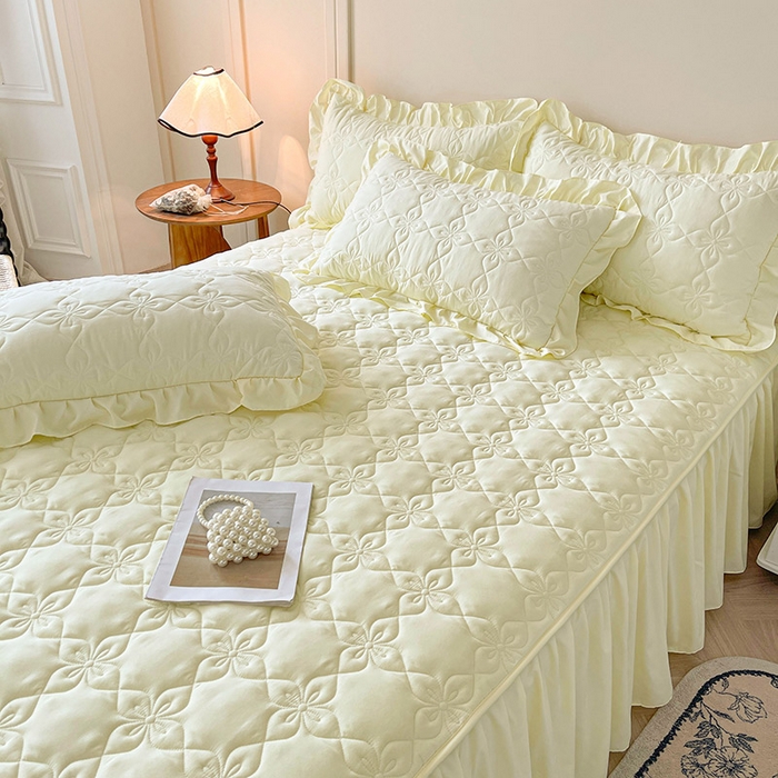 91家纺网 家纺一手货源 找家纺 鼎丰家纺 2025新款-100%新疆棉花夹棉床裙 100%新疆棉花床裙-奶油黄