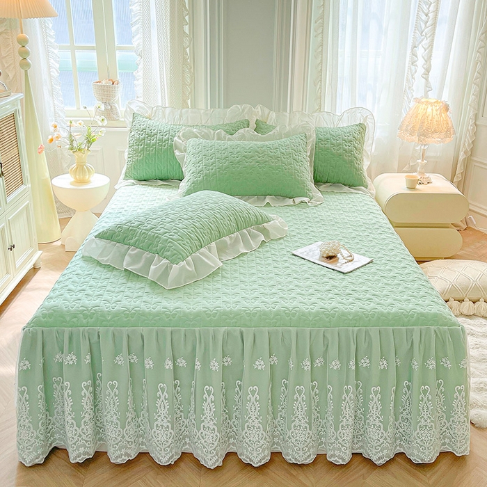 91家纺网 家纺一手货源 找家纺 鼎丰家纺 2025新款蕾丝夹棉床裙-洛可可系列 洛可可-绿