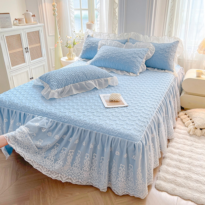 91家纺网 家纺一手货源 找家纺 鼎丰家纺 2025新款蕾丝夹棉床裙-洛可可系列 洛可可-蓝