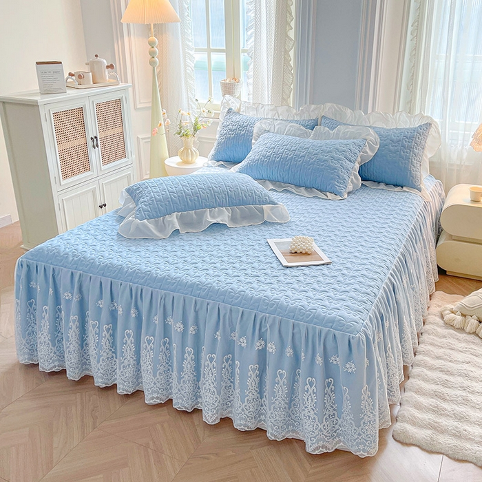 91家纺网 家纺一手货源 找家纺 鼎丰家纺 2025新款蕾丝夹棉床裙-洛可可系列 洛可可-蓝