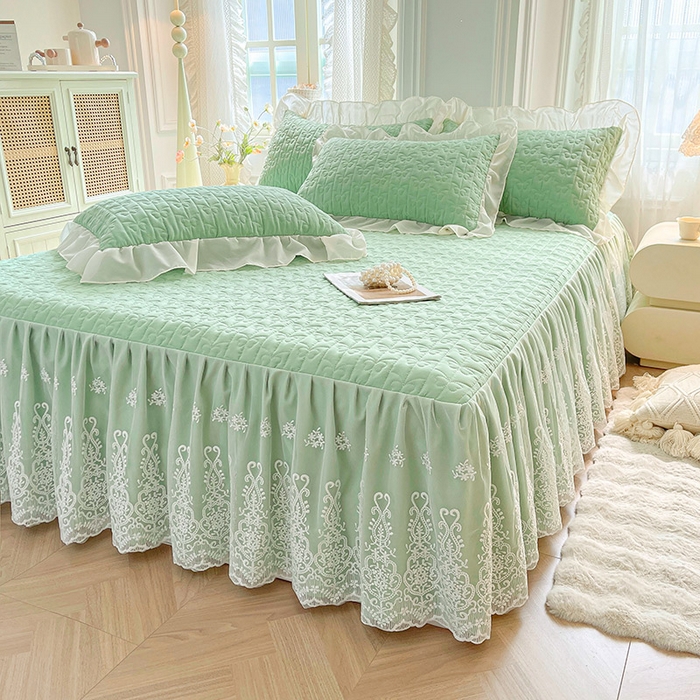 91家纺网 家纺一手货源 找家纺 鼎丰家纺 2025新款蕾丝夹棉床裙-洛可可系列 洛可可-绿