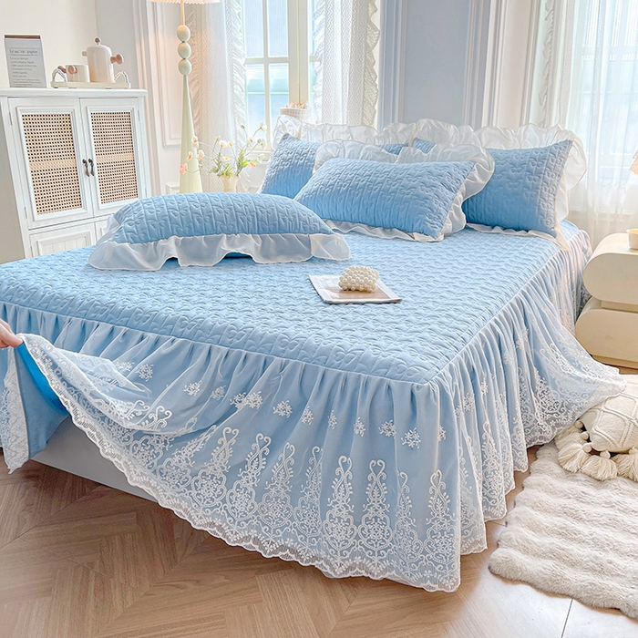 91家纺网 家纺一手货源 找家纺 鼎丰家纺 2025新款蕾丝夹棉床裙-洛可可系列 洛可可-蓝