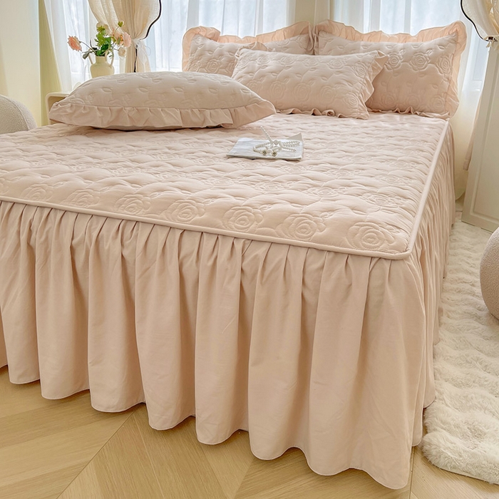 鼎丰家纺 2025新款纯色夹棉床裙-玫瑰之恋 玫瑰之恋-卡其