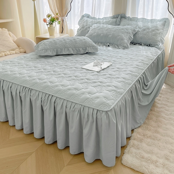 91家纺网 家纺一手货源 找家纺 鼎丰家纺 2025新款纯色夹棉床裙-玫瑰之恋 玫瑰之恋-浅灰