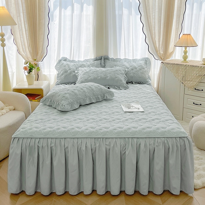 91家纺网 家纺一手货源 找家纺 鼎丰家纺 2025新款纯色夹棉床裙-玫瑰之恋 玫瑰之恋-浅灰