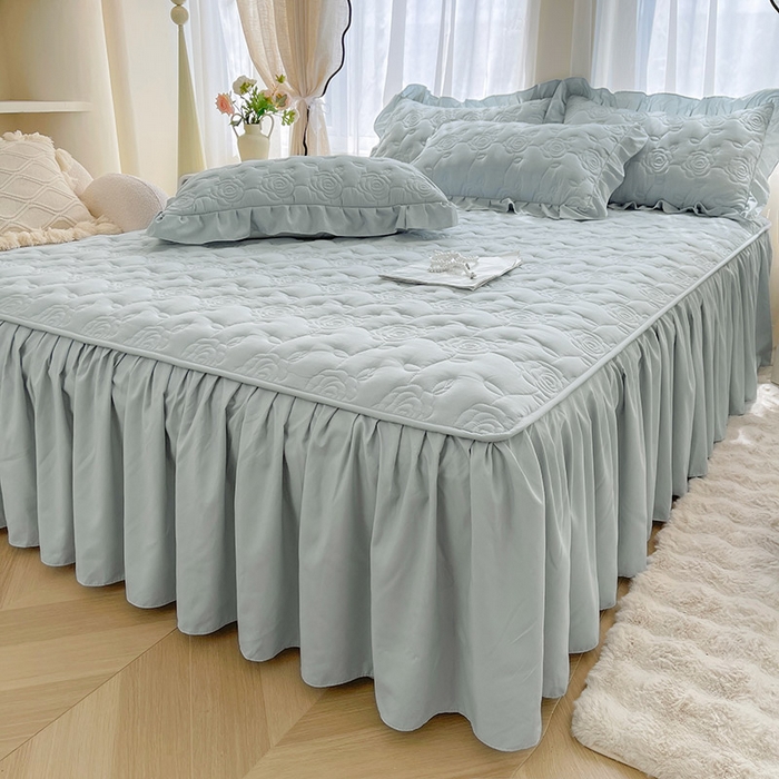 91家纺网 家纺一手货源 找家纺 鼎丰家纺 2025新款纯色夹棉床裙-玫瑰之恋 玫瑰之恋-浅灰