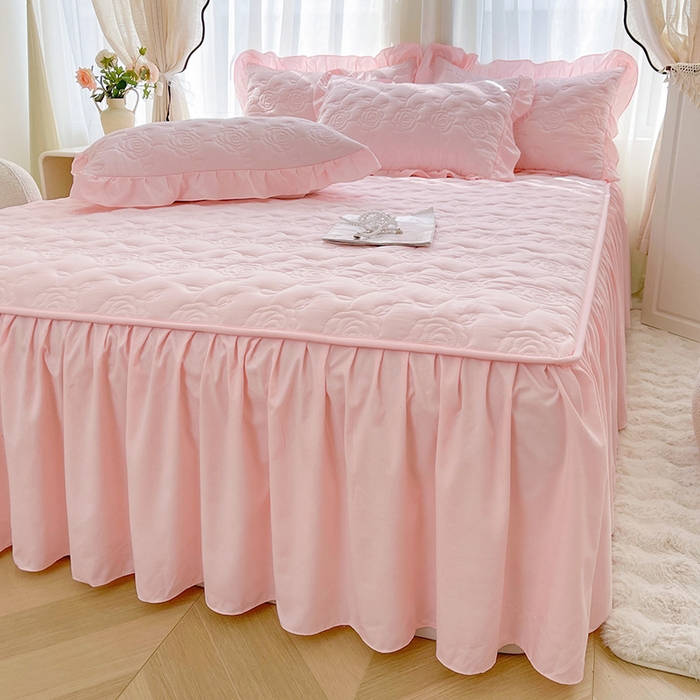 91家纺网 家纺一手货源 找家纺 鼎丰家纺 2025新款纯色夹棉床裙-玫瑰之恋 玫瑰之恋-粉