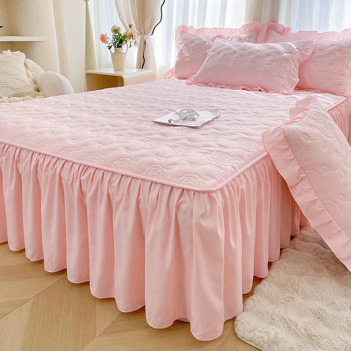 91家纺网 家纺一手货源 找家纺 鼎丰家纺 2025新款纯色夹棉床裙-玫瑰之恋 玫瑰之恋-粉