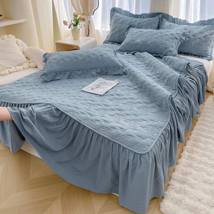 91家纺网 家纺一手货源 找家纺 鼎丰家纺 2025新款纯色夹棉床裙-玫瑰之恋 玫瑰之恋-蓝