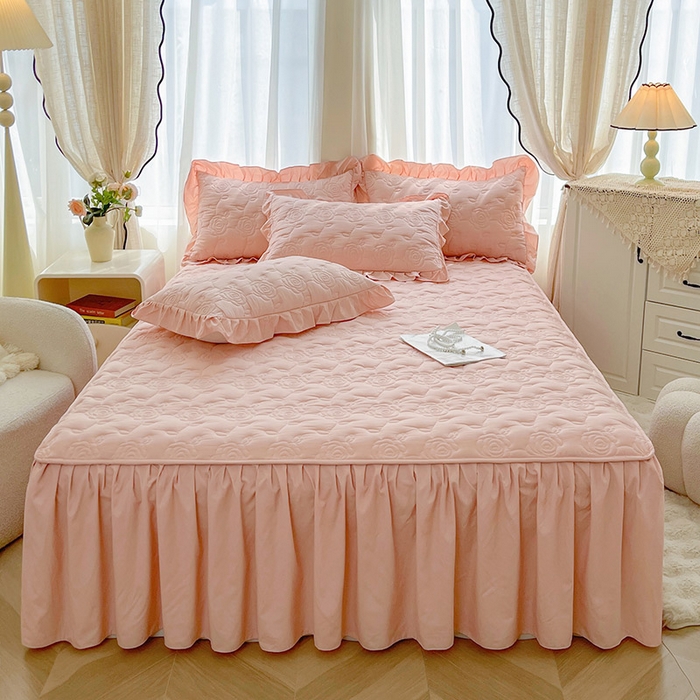 91家纺网 家纺一手货源 找家纺 鼎丰家纺 2025新款纯色夹棉床裙-玫瑰之恋 玫瑰之恋-橘粉