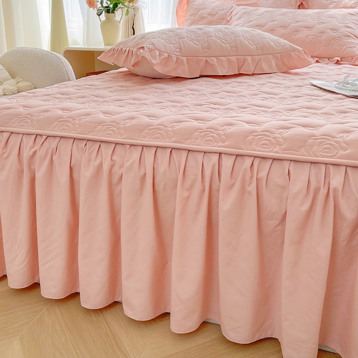 91家纺网 家纺一手货源 找家纺 鼎丰家纺 2025新款纯色夹棉床裙-玫瑰之恋 玫瑰之恋-橘粉