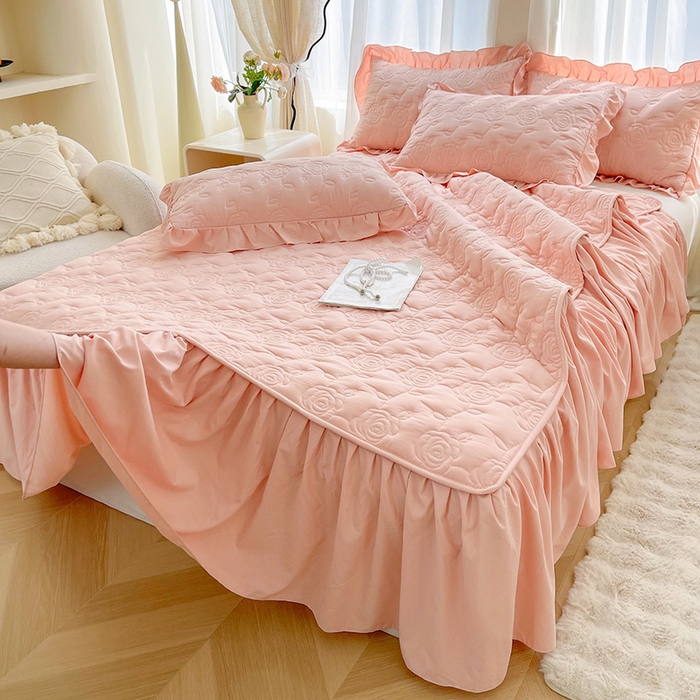 91家纺网 家纺一手货源 找家纺 鼎丰家纺 2025新款纯色夹棉床裙-玫瑰之恋 玫瑰之恋-橘粉