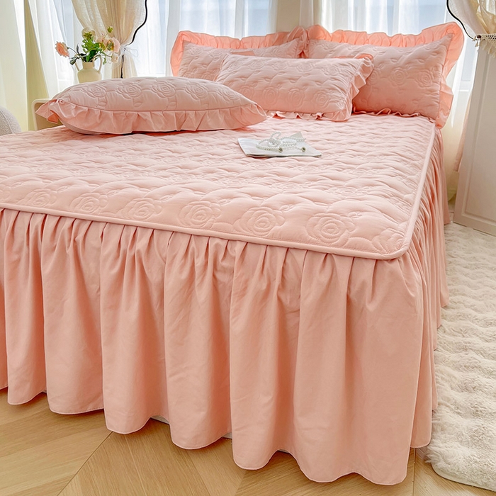 91家纺网 家纺一手货源 找家纺 鼎丰家纺 2025新款纯色夹棉床裙-玫瑰之恋 玫瑰之恋-橘粉