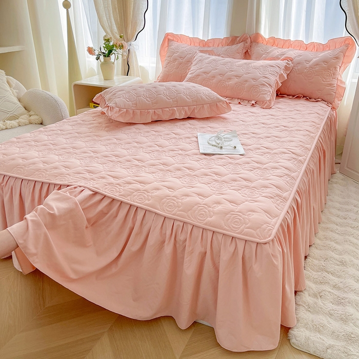 91家纺网 家纺一手货源 找家纺 鼎丰家纺 2025新款纯色夹棉床裙-玫瑰之恋 玫瑰之恋-橘粉