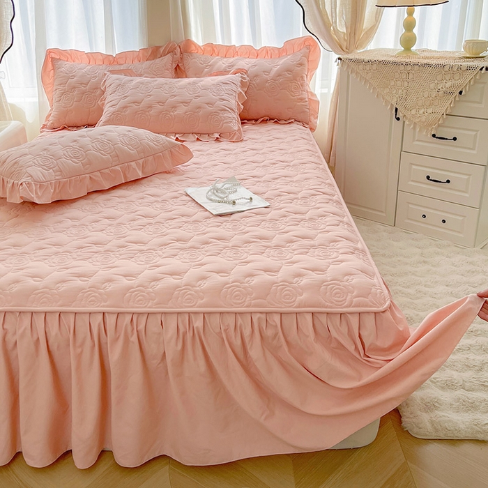 91家纺网 家纺一手货源 找家纺 鼎丰家纺 2025新款纯色夹棉床裙-玫瑰之恋 玫瑰之恋-橘粉