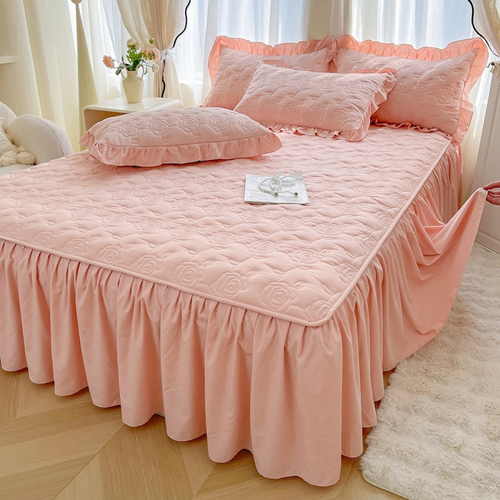 91家纺网 家纺一手货源 找家纺 鼎丰家纺 2025新款纯色夹棉床裙-玫瑰之恋 玫瑰之恋-橘粉