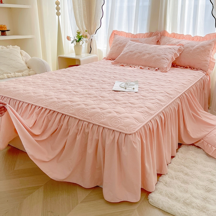 91家纺网 家纺一手货源 找家纺 鼎丰家纺 2025新款纯色夹棉床裙-玫瑰之恋 玫瑰之恋-橘粉