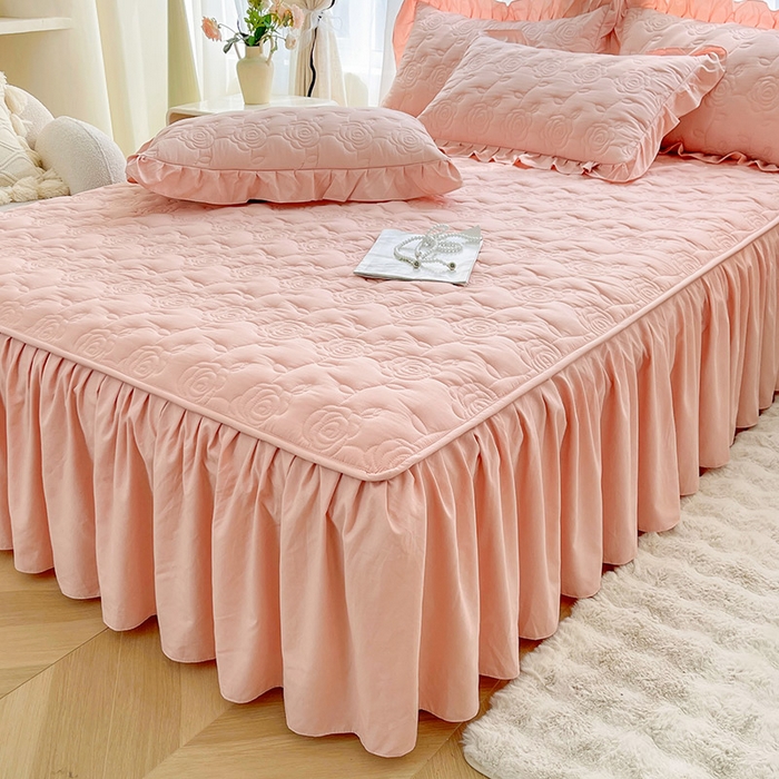 91家纺网 家纺一手货源 找家纺 鼎丰家纺 2025新款纯色夹棉床裙-玫瑰之恋 玫瑰之恋-橘粉