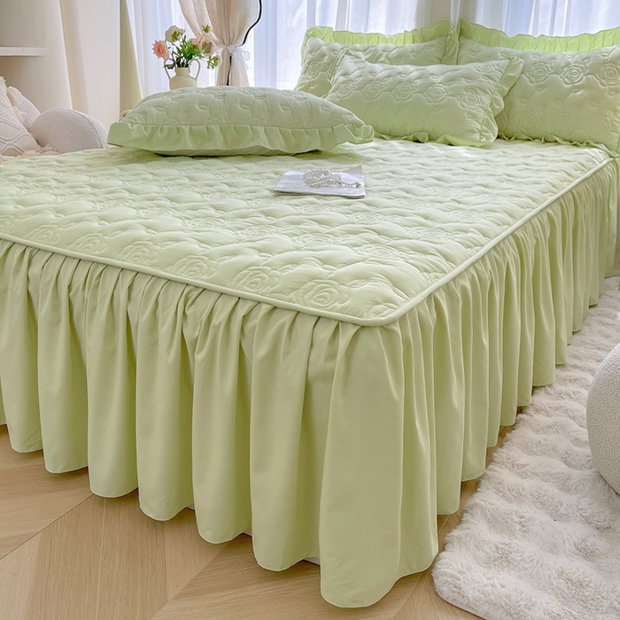 91家纺网 家纺一手货源 找家纺 鼎丰家纺 2025新款纯色夹棉床裙-玫瑰之恋 玫瑰之恋-绿