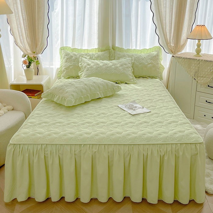 91家纺网 家纺一手货源 找家纺 鼎丰家纺 2025新款纯色夹棉床裙-玫瑰之恋 玫瑰之恋-绿