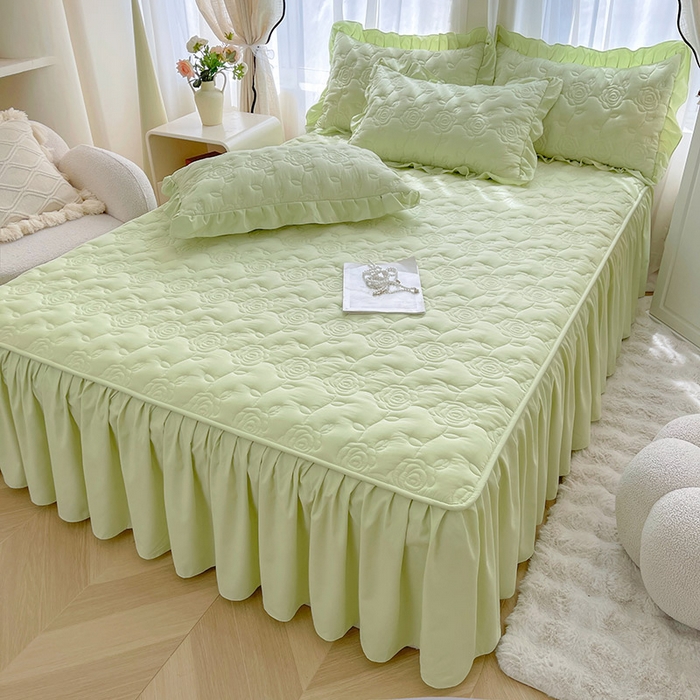 91家纺网 家纺一手货源 找家纺 鼎丰家纺 2025新款纯色夹棉床裙-玫瑰之恋 玫瑰之恋-绿