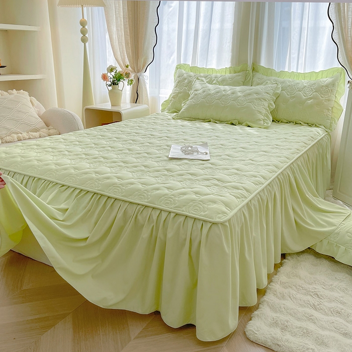 91家纺网 家纺一手货源 找家纺 鼎丰家纺 2025新款纯色夹棉床裙-玫瑰之恋 玫瑰之恋-绿