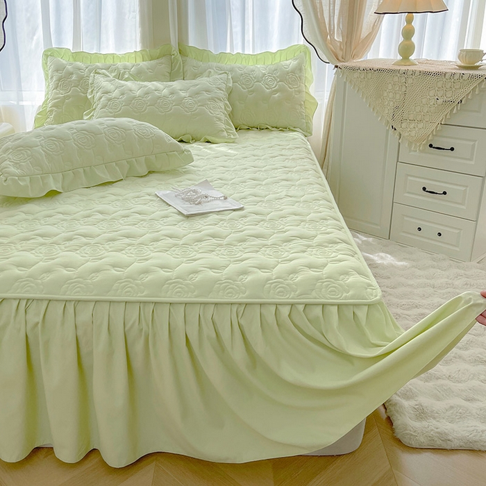 91家纺网 家纺一手货源 找家纺 鼎丰家纺 2025新款纯色夹棉床裙-玫瑰之恋 玫瑰之恋-绿