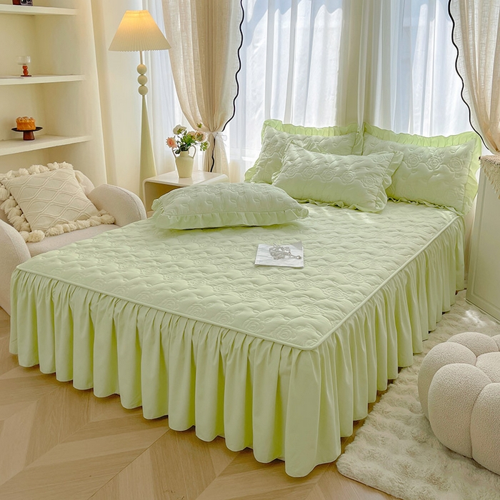 91家纺网 家纺一手货源 找家纺 鼎丰家纺 2025新款纯色夹棉床裙-玫瑰之恋 玫瑰之恋-绿