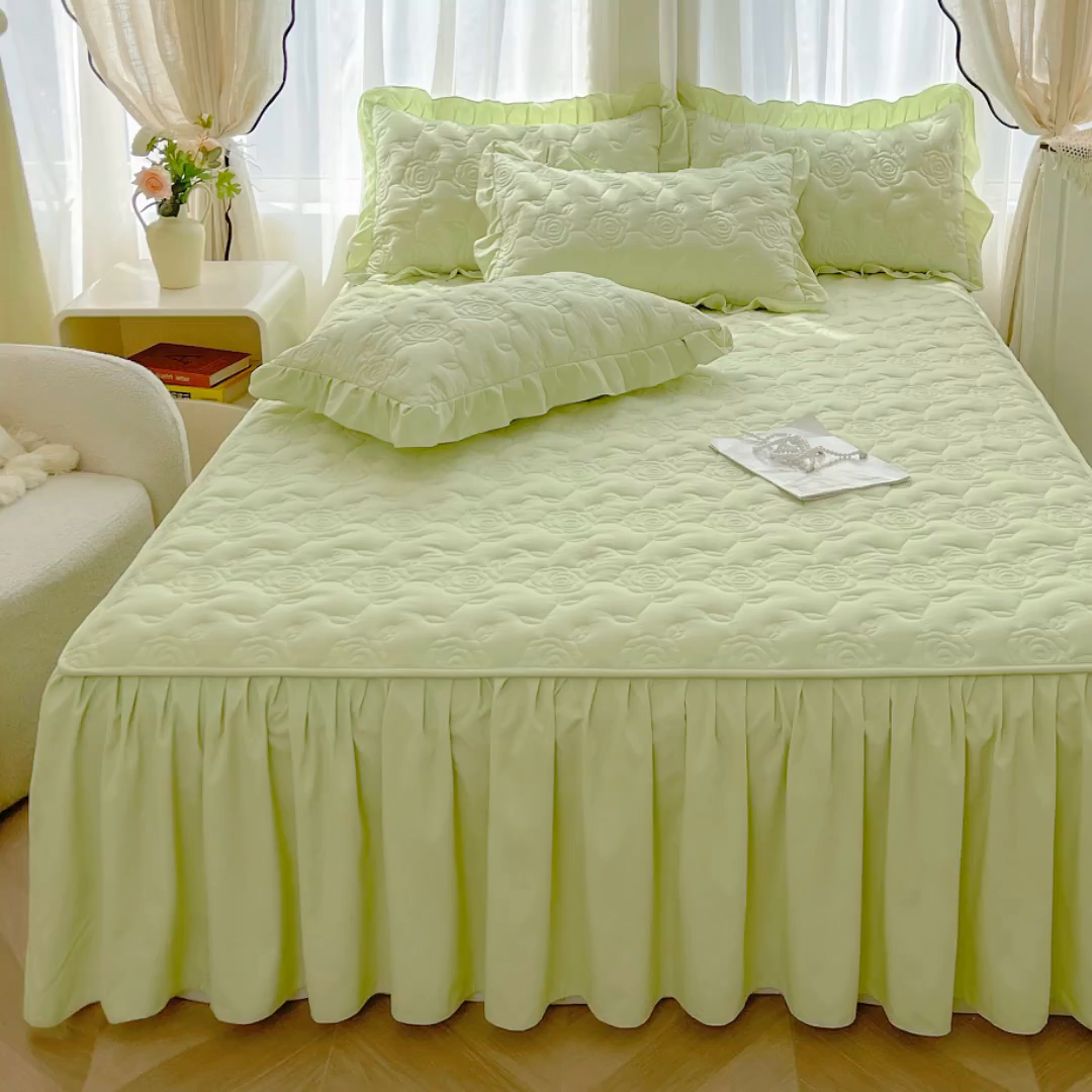 91家纺网 家纺一手货源 找家纺 鼎丰家纺 2025新款纯色夹棉床裙-玫瑰之恋 玫瑰之恋-绿