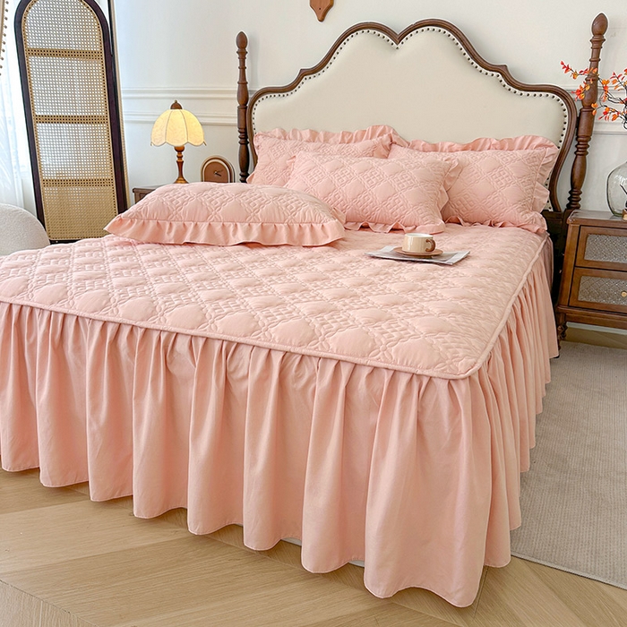 91家纺网 家纺一手货源 找家纺 鼎丰家纺 2025新款纯色夹棉床裙-格影 格影-橘粉