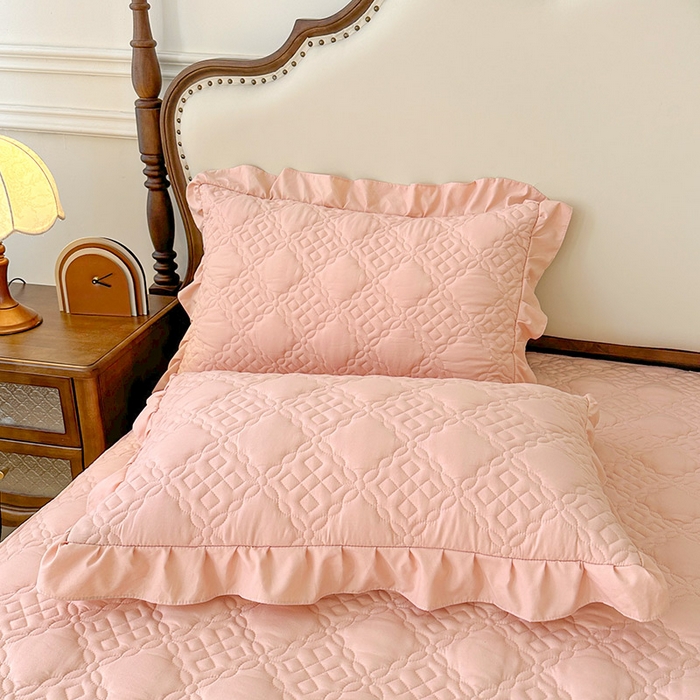 91家纺网 家纺一手货源 找家纺 鼎丰家纺 2025新款纯色夹棉床裙-格影 格影-橘粉