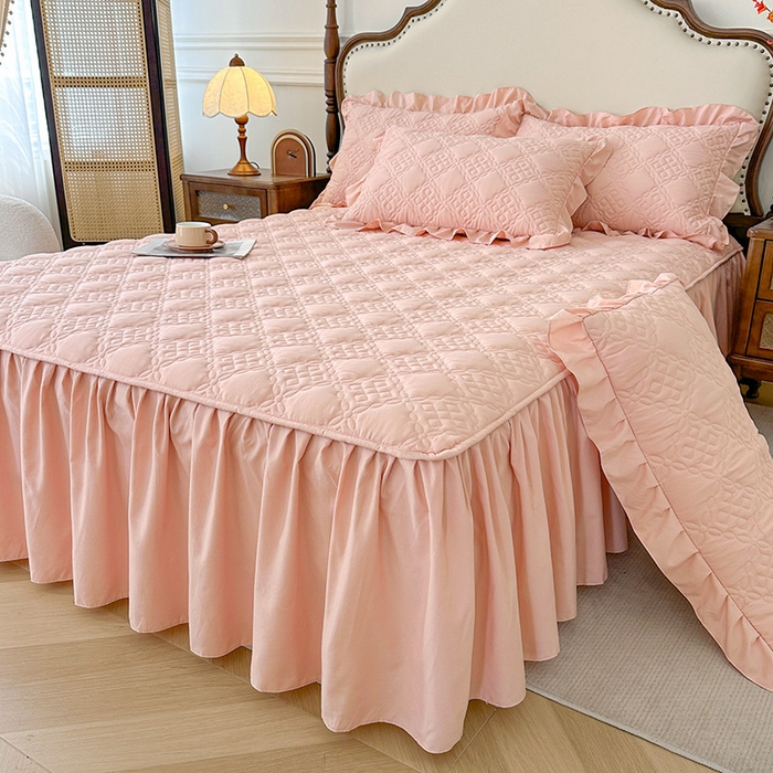 91家纺网 家纺一手货源 找家纺 鼎丰家纺 2025新款纯色夹棉床裙-格影 格影-橘粉