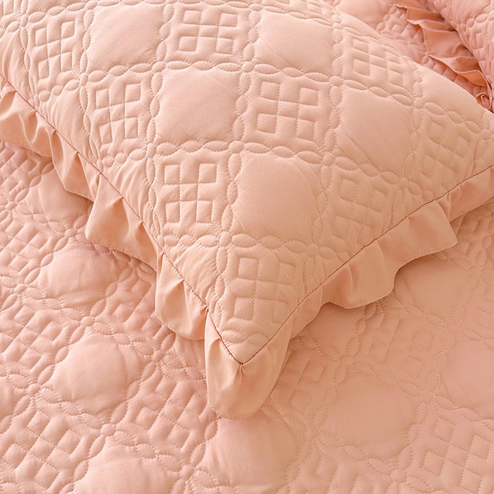 91家纺网 家纺一手货源 找家纺 鼎丰家纺 2025新款纯色夹棉床裙-格影 格影-橘粉