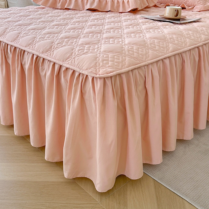 91家纺网 家纺一手货源 找家纺 鼎丰家纺 2025新款纯色夹棉床裙-格影 格影-橘粉