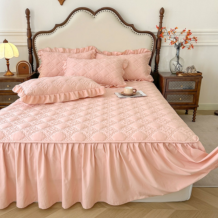 91家纺网 家纺一手货源 找家纺 鼎丰家纺 2025新款纯色夹棉床裙-格影 格影-橘粉