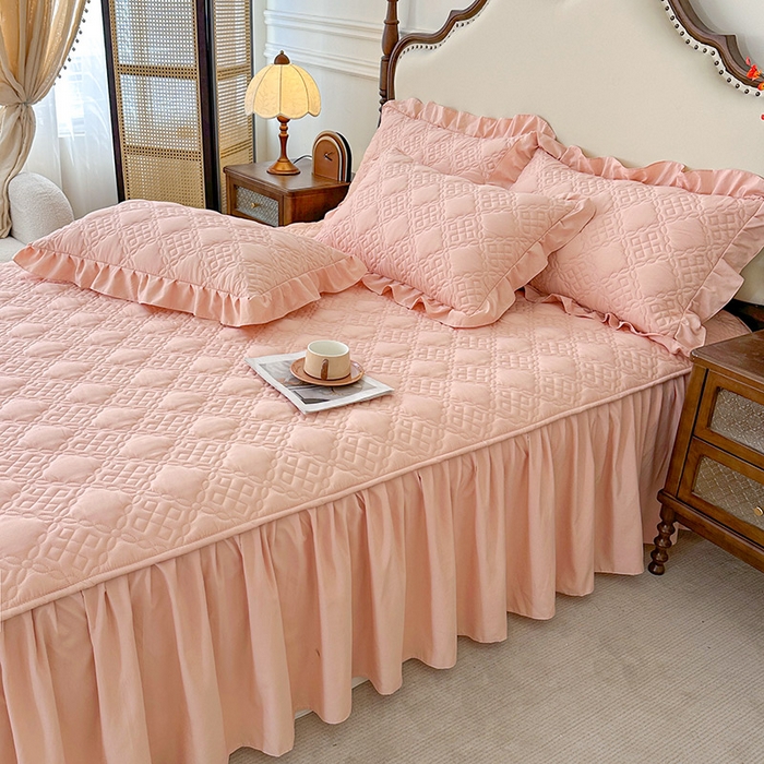 91家纺网 家纺一手货源 找家纺 鼎丰家纺 2025新款纯色夹棉床裙-格影 格影-橘粉