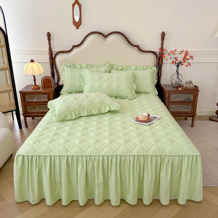 91家纺网 家纺一手货源 找家纺 鼎丰家纺 2025新款纯色夹棉床裙-格影 格影-绿