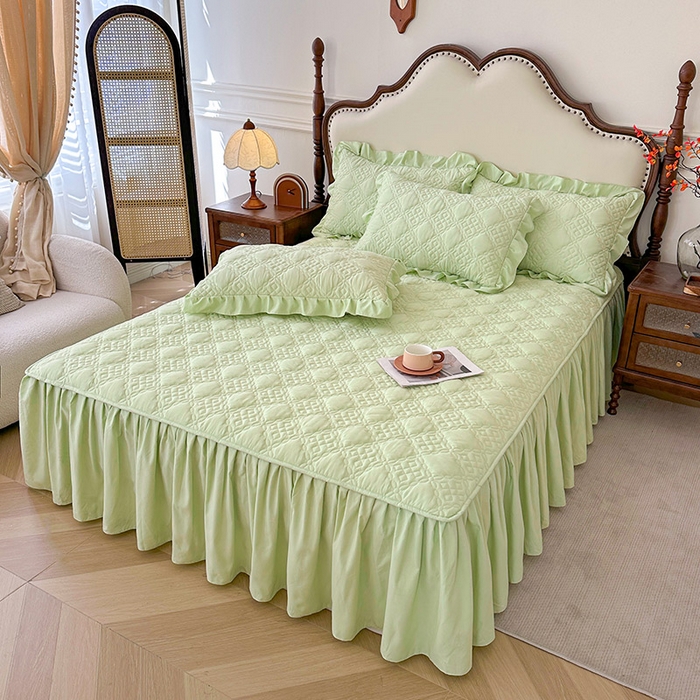 91家纺网 家纺一手货源 找家纺 鼎丰家纺 2025新款纯色夹棉床裙-格影 格影-绿