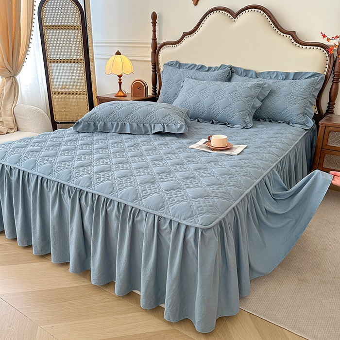 鼎丰家纺 2025新款纯色夹棉床裙-格影 格影-蓝