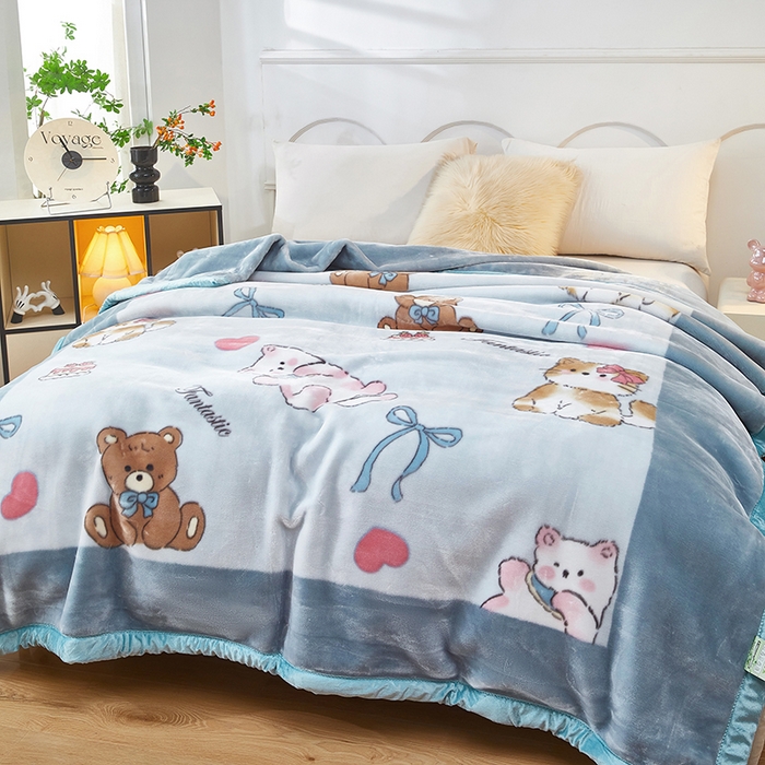 91家纺网 家纺一手货源 找家纺 好艺佳毛毯 2025新款（升级版）拉舍尔毛毯学生毯宿舍婚庆加厚双层毯子绒毯盖毯不掉毛毛毯 升级版-猫猫熊-蓝