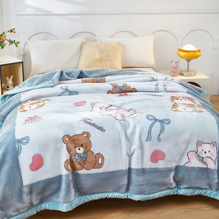 91家纺网 家纺一手货源 找家纺 好艺佳毛毯 2025新款（升级版）拉舍尔毛毯学生毯宿舍婚庆加厚双层毯子绒毯盖毯不掉毛毛毯 升级版-猫猫熊-蓝