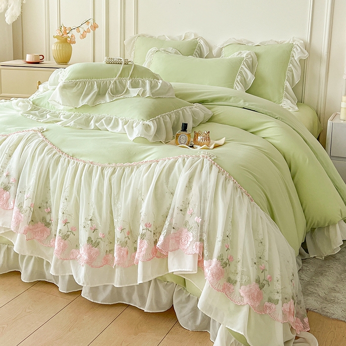 91家纺网 家纺一手货源 找家纺 鼎丰家纺 2025新款蕾丝雪纺花边四件套-悦夏花影系列 悦夏花影-浅绿