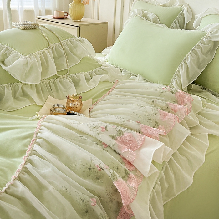 91家纺网 家纺一手货源 找家纺 鼎丰家纺 2025新款蕾丝雪纺花边四件套-悦夏花影系列 悦夏花影-浅绿